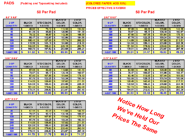 Note Pad Full Pricing List